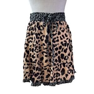 Umgee Leopard Print Skirt relaxed fit tiered tan black gray drawstring NWT
